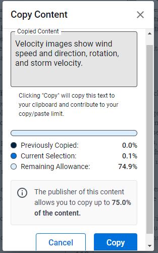 Popup box displaying the percent of text copied