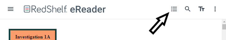 Online reader top menu with an arrow pointed to the Table of Contents icon