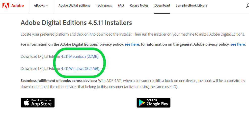 Adobe Digital Editions Download page with Mac and PC download links circled