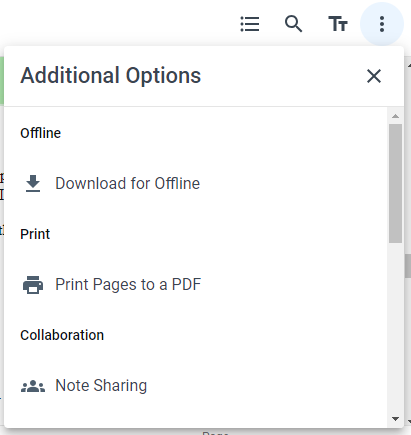 Menu for additional options which includes offline and printing options