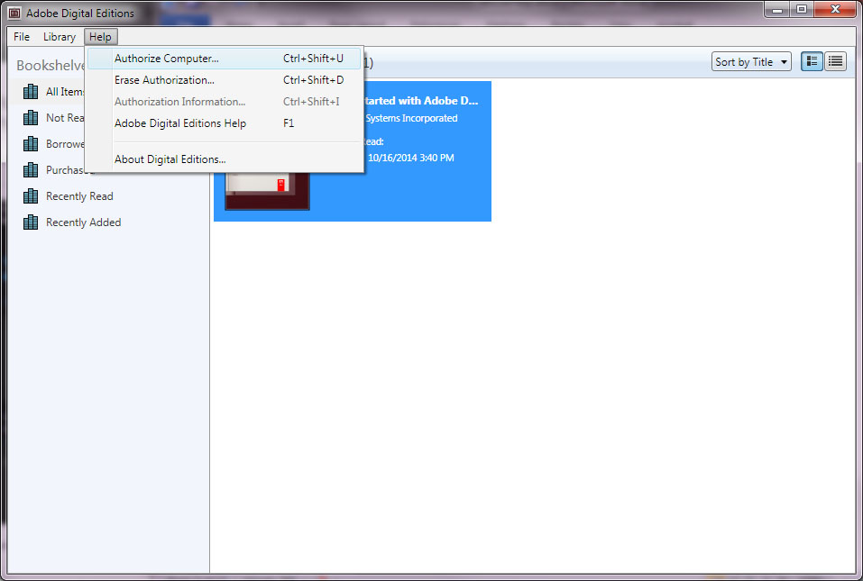 Help tab open in Digital Editions with Authorize Computer selected