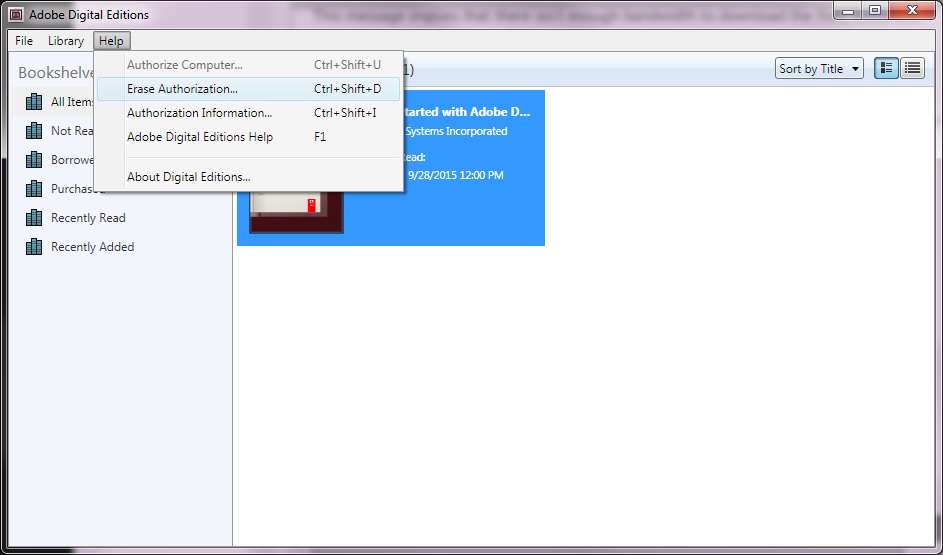 Digital Editions screenshot with Help dropbox open and Erase Authorization selected