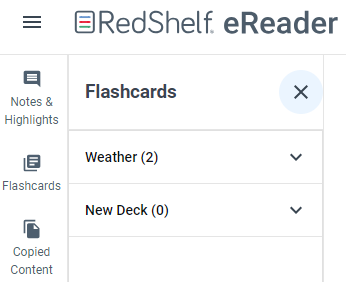 Menu under the left icon three options to select from and the Flashcards open