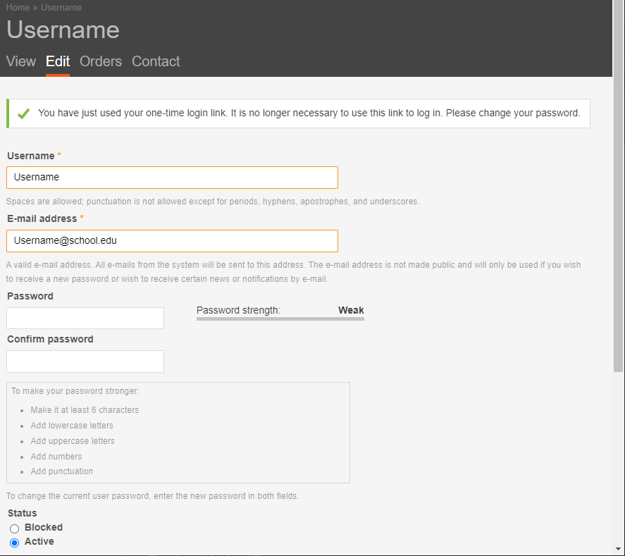 Account page with fields to make and confirm the new password