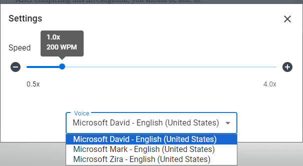 Text to Speech settings menu