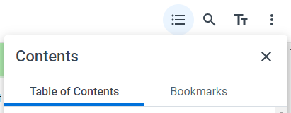 Contents menu with table of contents listed and bookmarks option to its right
